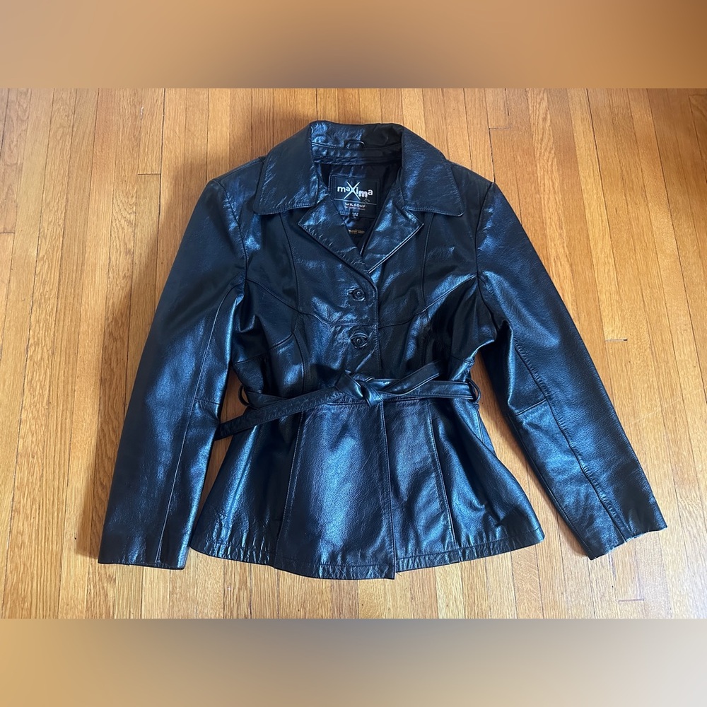 Vtg 90s Maxima by Wilson’s Leathers Black Belted Leather Jacket, Size L